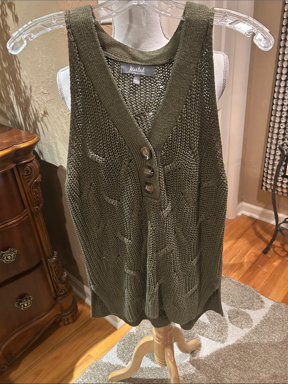 MARLED Olive Green Cable Knit Button-Front Vest TOP LARGE